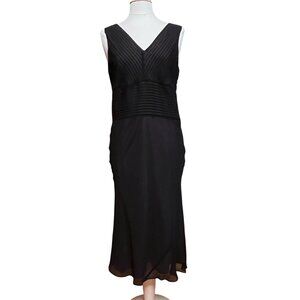 Laura Ashley Black Silk Midi Dress V-Neck Pleated Bodice Sleeveless Formal Sz 10